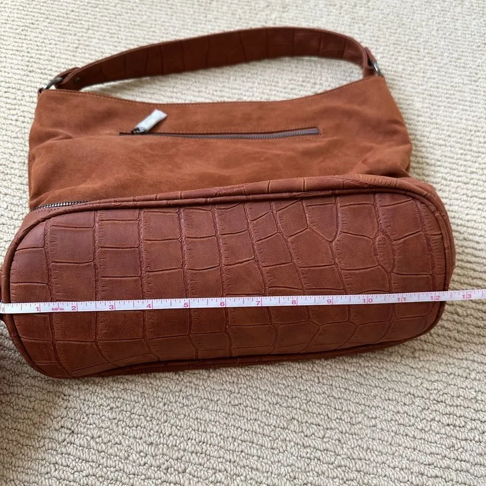 NEW Neiman Marcus Brand Brown/Rust Suede Hobo Shoulder Bag with Zip Closure
